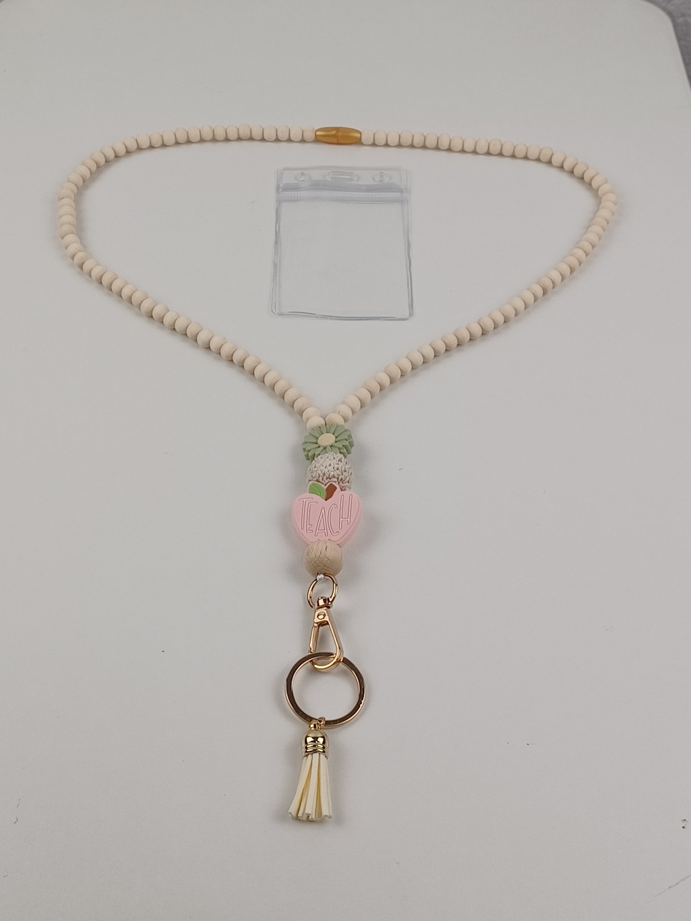 Teacher Peach Beaded Lanyard Key & Card Holder - Pink Green Flowers and Cream